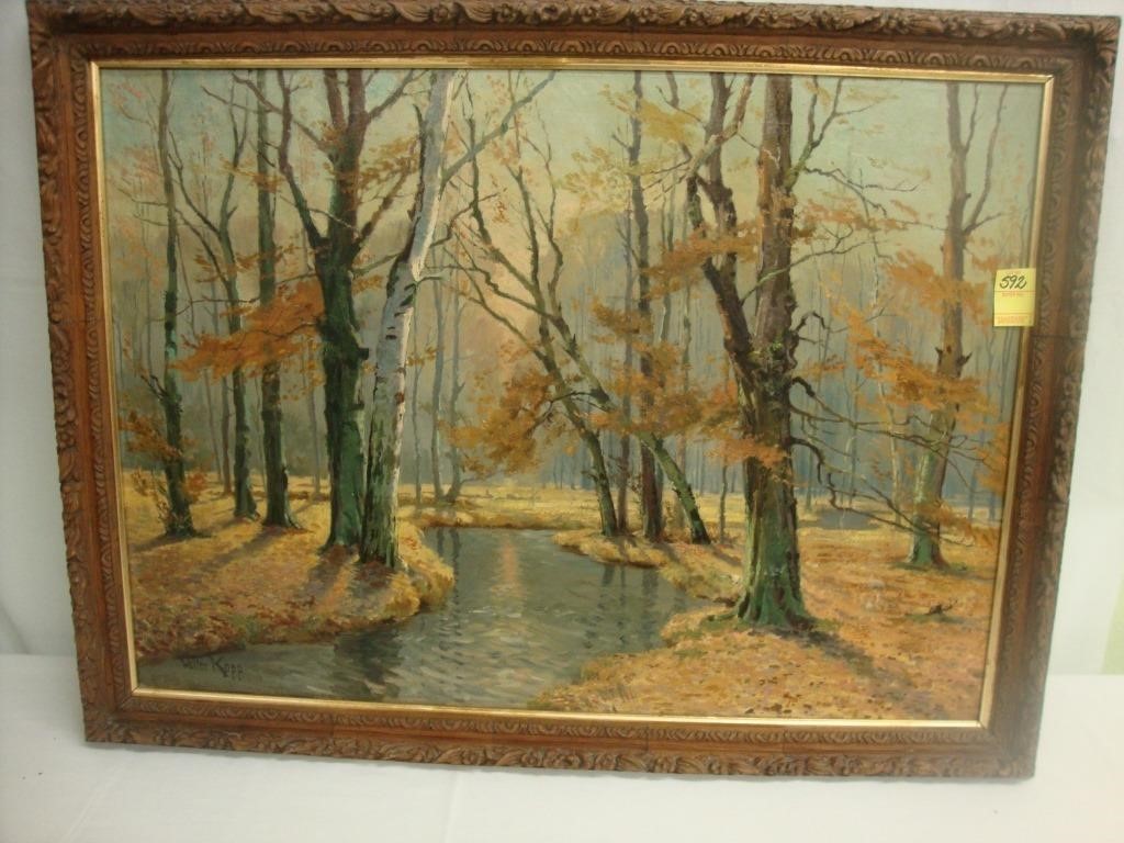Large scenic oil on canvas of a forest signed