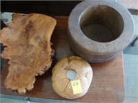 Large round wooden bowl along with a burled