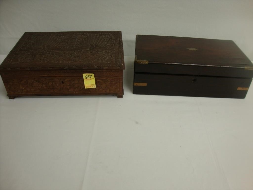Rosewood desk box with brass inlay, ca 1860, 9” x
