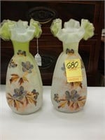 Pair of Victorian stain glass vases with floral