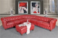 Classic Chesterfield Red Sectional with Ottoman(KI