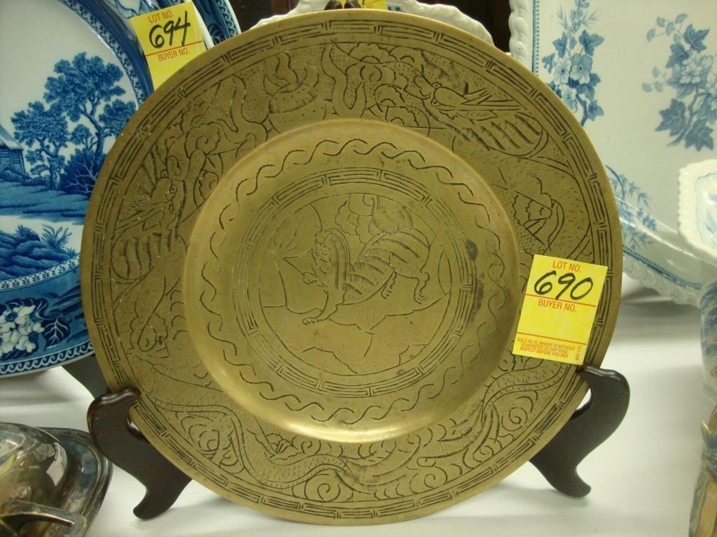 TOC Chinese brass charger with engraved foo dog