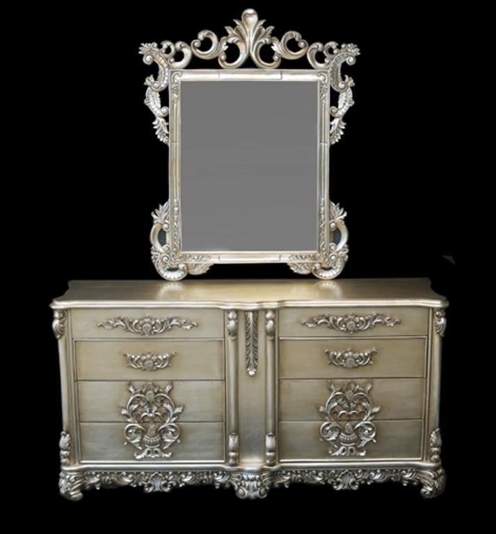 Platina Grand Carved Dresser and Mirror