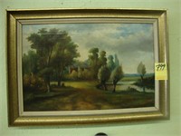 1920’s oil on canvas of a farm house scene, 13” x