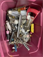 LARGE TOTE OF VARIOUIS TOOLS, ELECTRIC OUTLETS,