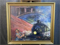 Surrealism/Abstract Oil on Board Train Painting