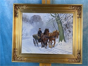 Oil on Canvas, Horse Drawn Wagon in the Snow
