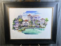 Tropical Villa Scene Watercolor Lithograph