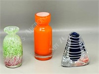 3 small art glass vases