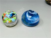 pair- art glass paperweights, signed