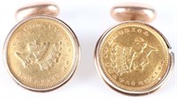 90% GOLD 1854 & 1862 $1 COINS 21K GOLD CUFFLINKS