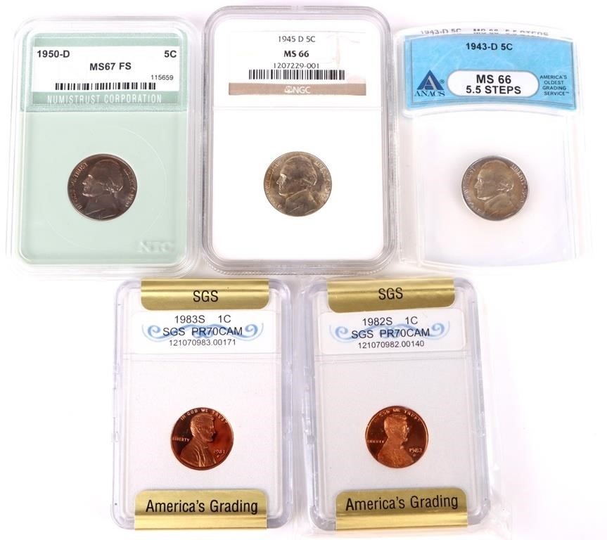 GRADED LINCOLN CENTS & JEFFERSON NICKELS (5)