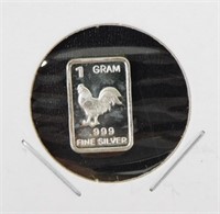 1 gram Silver Bar - Rooster, .999 Fine Silver