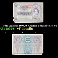 1919 Austria 10,000 Kronen Banknote P# 65 Grades v
