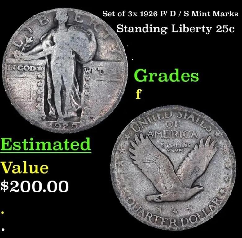 Group of 3 1928-s, 1929-d, 1926-p Standing Liberty
