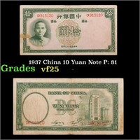 1937 China 10 Yuan Note P: 81 Grades vf+