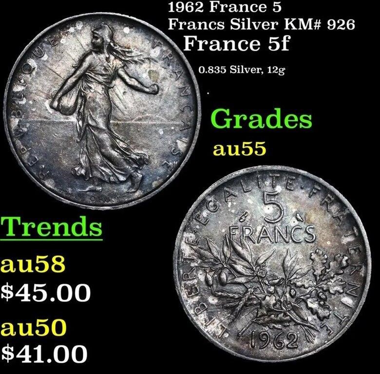 1962 France 5 Francs Silver KM# 926 Grades Choice