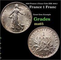 1919 France 1 Franc Coin KM: 844.1 Grades GEM Unc