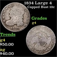 1834 Large 4 Capped Bust Dime 10c Grades g, good