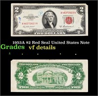 1953A $2 Red Seal United States Note Grades vf det