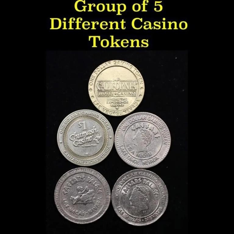 Group of 5 Casino Tokens All Different