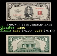 1953C $5 Red Seal United States Note Grades Choice