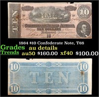 1864 $10 Confederate Note, T68 Grades AU Details