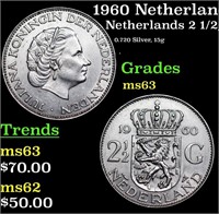 1960 Netherlands 2 1/2 Gulden Silver KM# 185 Grade