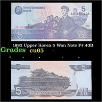 1992 Upper Korea 5 Won Note P# 40B Grades Gem++ CU