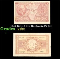 1944 Italy 5 lire Banknote P# 31c Grades vf++