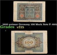 1920 weimar Germany 100 Mark Note P: 69A Grades vf