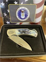 TIN WITH PENKNIFE U.S. AIR FORCE JET AND EAGLE