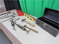 Metal tool box, wood level, hammers, oiler/greaser