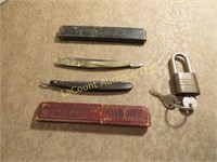 2 vintage Razors and lock with key