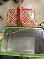 vintage tin bread box and picnic basket