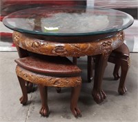 11 - CARVED TABLE W/ GLASS TOP & 4 STOOLS (G157)