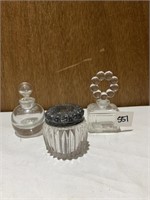 PERFUME BOTTLES WITH STOPPERS AND POWDER JAR