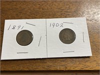 1891 AND 1902 INDIAN HEAD CENTS