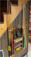 Pool stick rack, cues and accessories