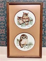 Framed Needlework Owls 1982