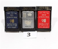 Lot of three 2001 Zippo lighters memory of 9/11