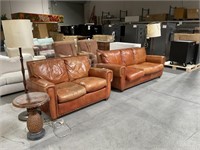 LEATHER COUCH SET 2 LAMPS, WOOD SIDE TABLE,