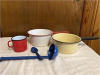 Vintage Enamel Pots Cup & Dipper Spoon