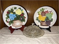 Vtg Japan 3D Fruit Plates & Covered Glass Butter