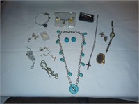 Scarf clip and Small lot of costume jewelry,