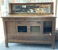 Antique Wood Buffet with Beveled Mirror 60” x 25”