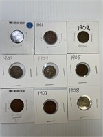 9 Indian Head Cents 1900-1908