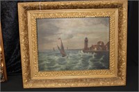 Antique Oil on Canvas signed BE, "Sailboats in