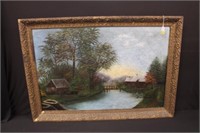 Antique Oil on Canvas "House by the Creek"