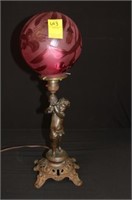 Antique Cherub Lamp w/ cranberry globe 20"